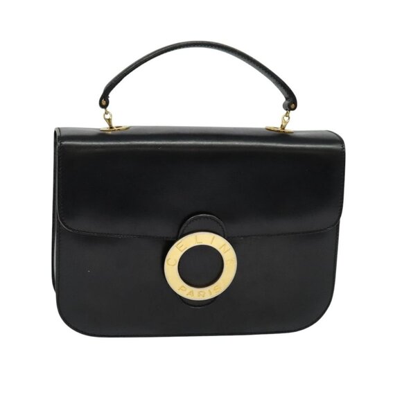 CELINE Hand Bag Leather Black Gold Auth - Picture 1 of 16